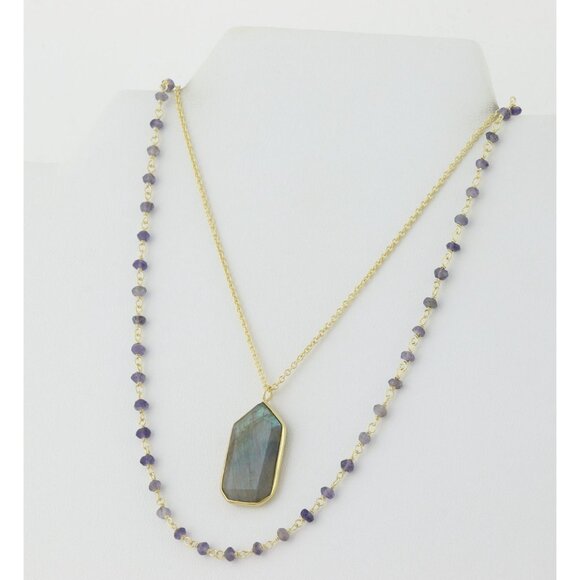 Gold Over Sterling Silver Long Labradorite Layered Necklace 30" - Picture 9 of 9